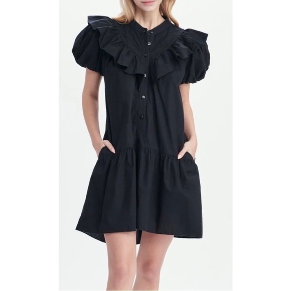LOVE THE LABEL Tatiana Ruffle-Yoke Puff-Sleeve Button Down Mini Dress Size small - Picture 3 of 8